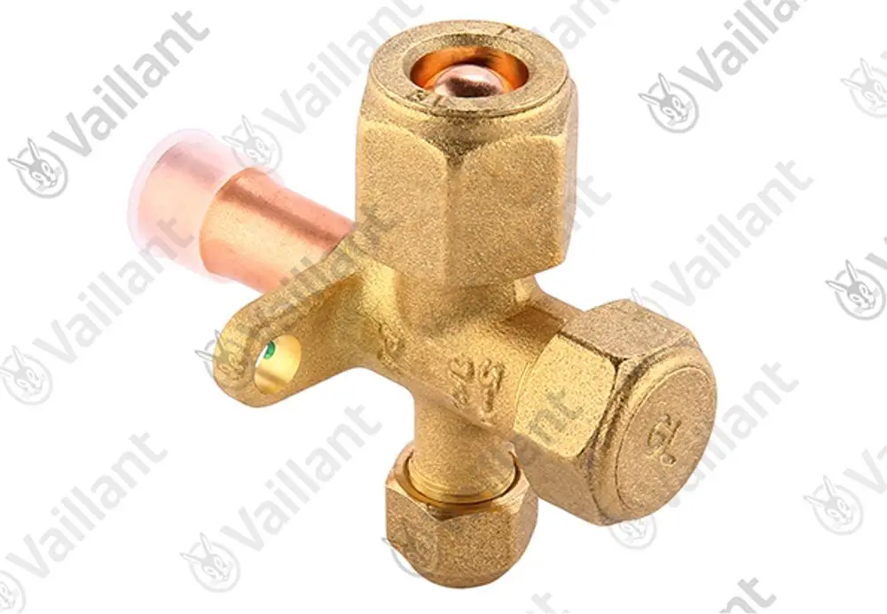 Vaillant Wartungshahn aus Messing mit einem Kupferrohr. Es sind verschiedene Anschlüsse und eine Kugel vorhanden.